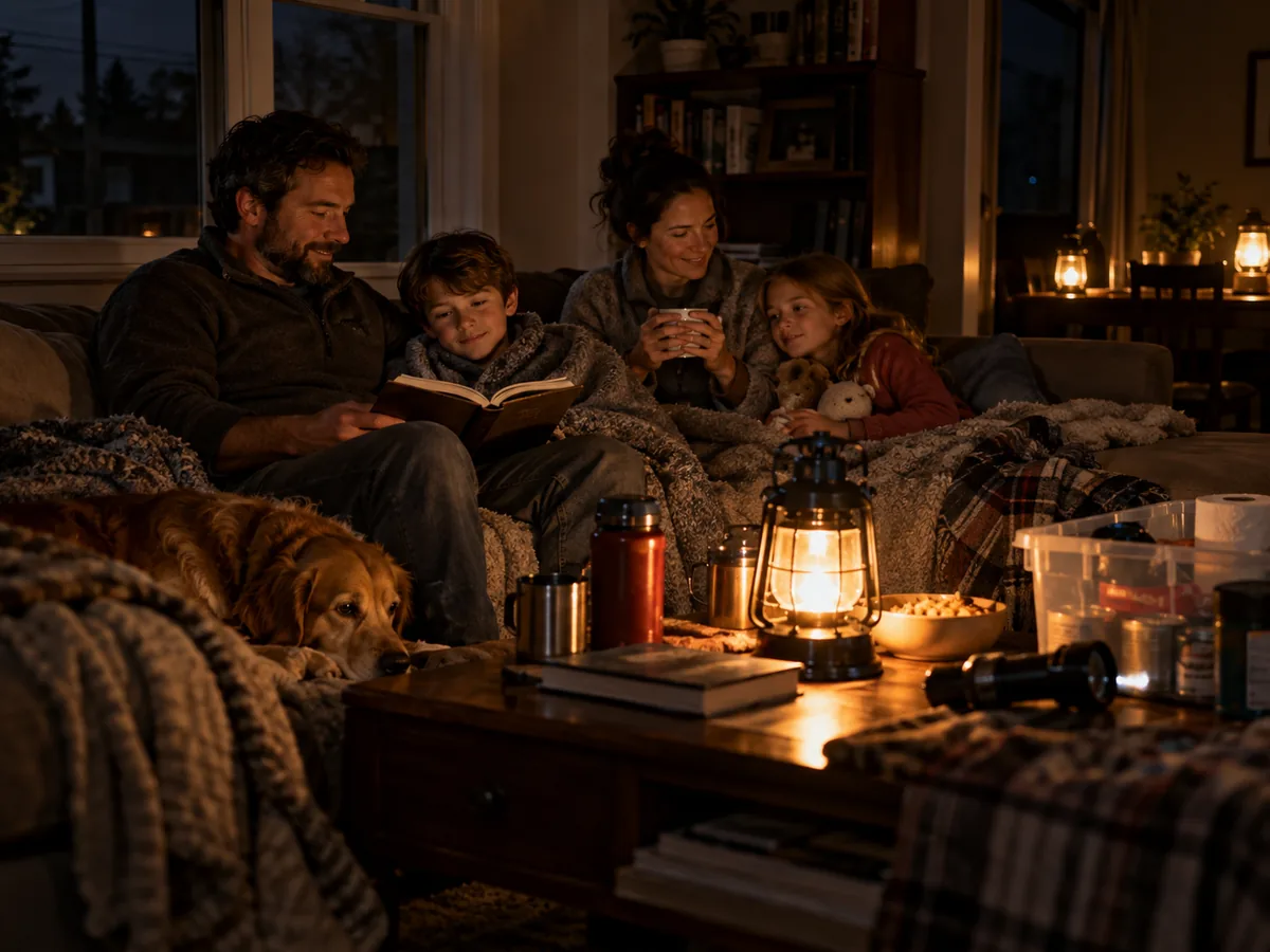 A family reading together by safe battery-powered lanterns during an evening outage