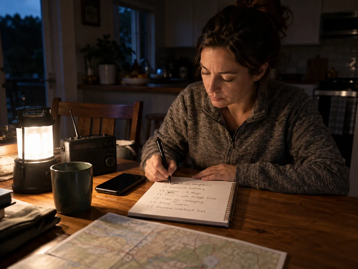 A household member writing a practical outage plan with a lantern and radio nearby