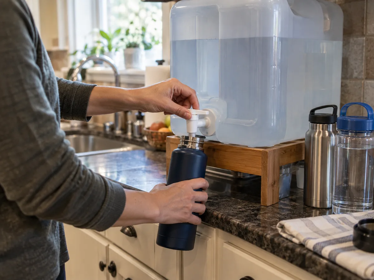 Stored drinking water being dispensed into a reusable bottle in a home kitchen