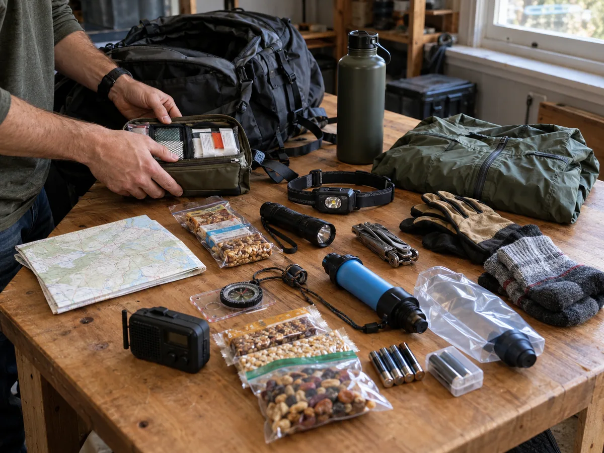 Hands selecting a compact first aid kit, water container, flashlight, map, charging gear and weather layers on a workbench.