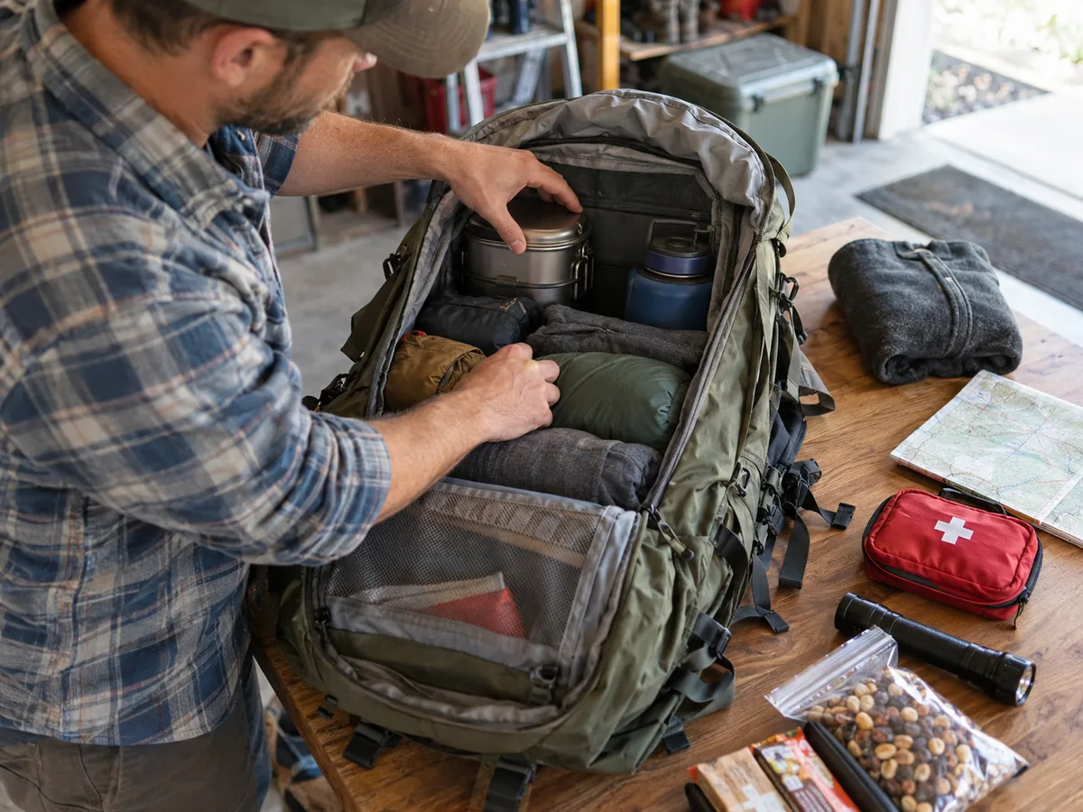 A person placing heavy, compact items against the back panel of an open hiking backpack.