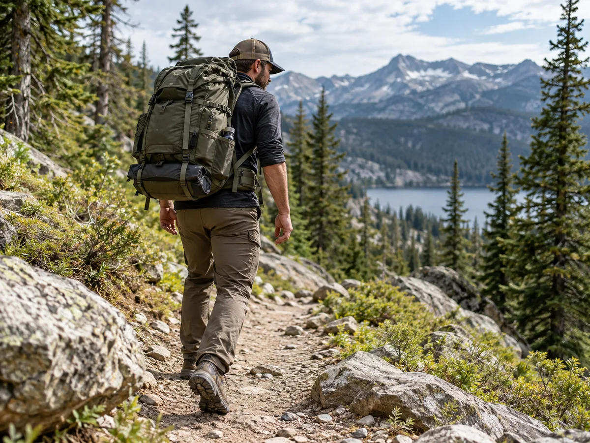 A person wearing a loaded backpack and walking on a maintained mountain trail to test its fit.