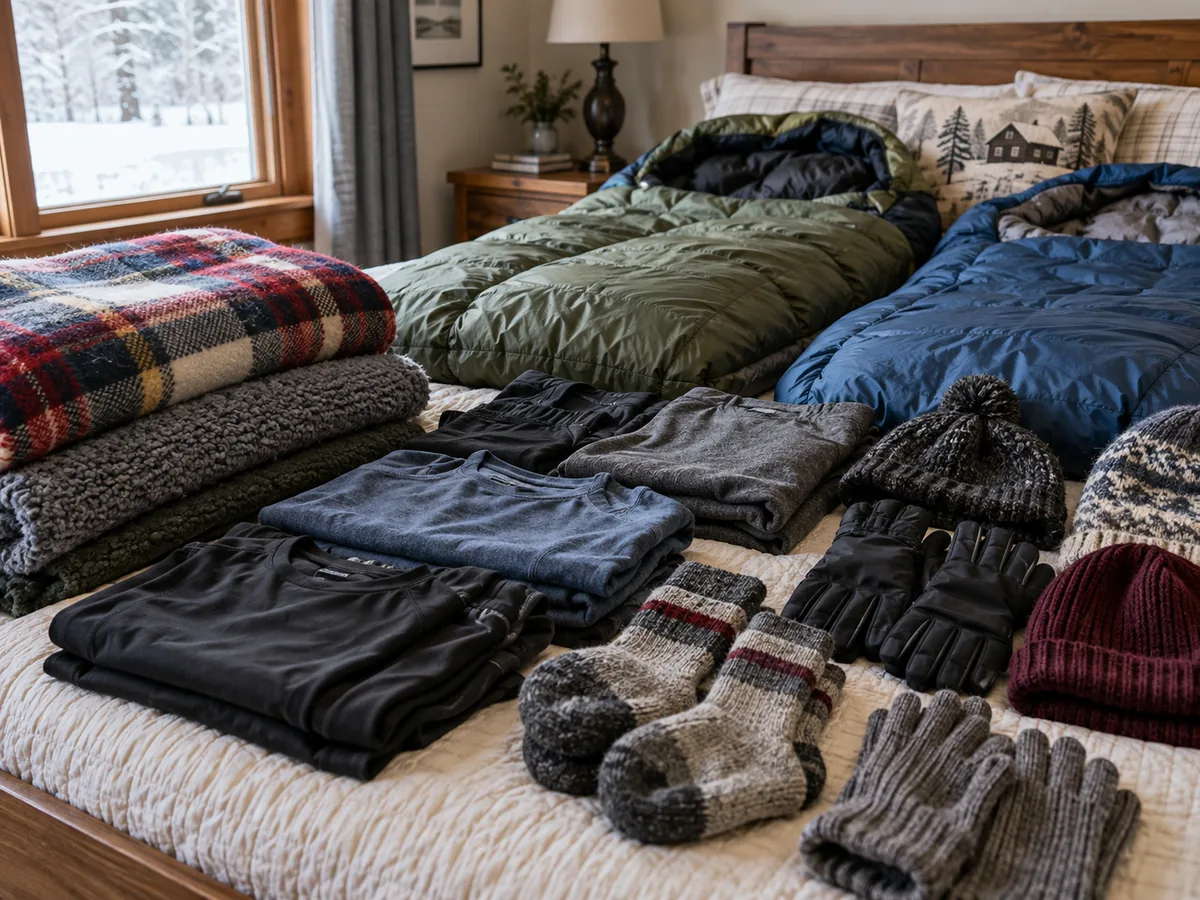 Layered clothing, wool socks, sleeping bags and blankets prepared on a bedroom bed.