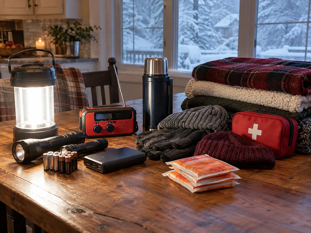 A battery lantern, weather radio, power bank, thermos, blankets and cold-weather accessories prepared for an outage.