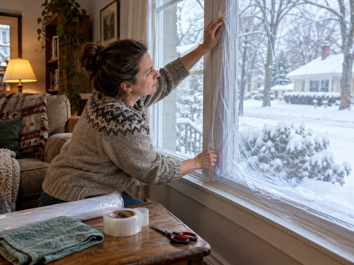 A resident applying removable window-insulation film inside a snowbound home.