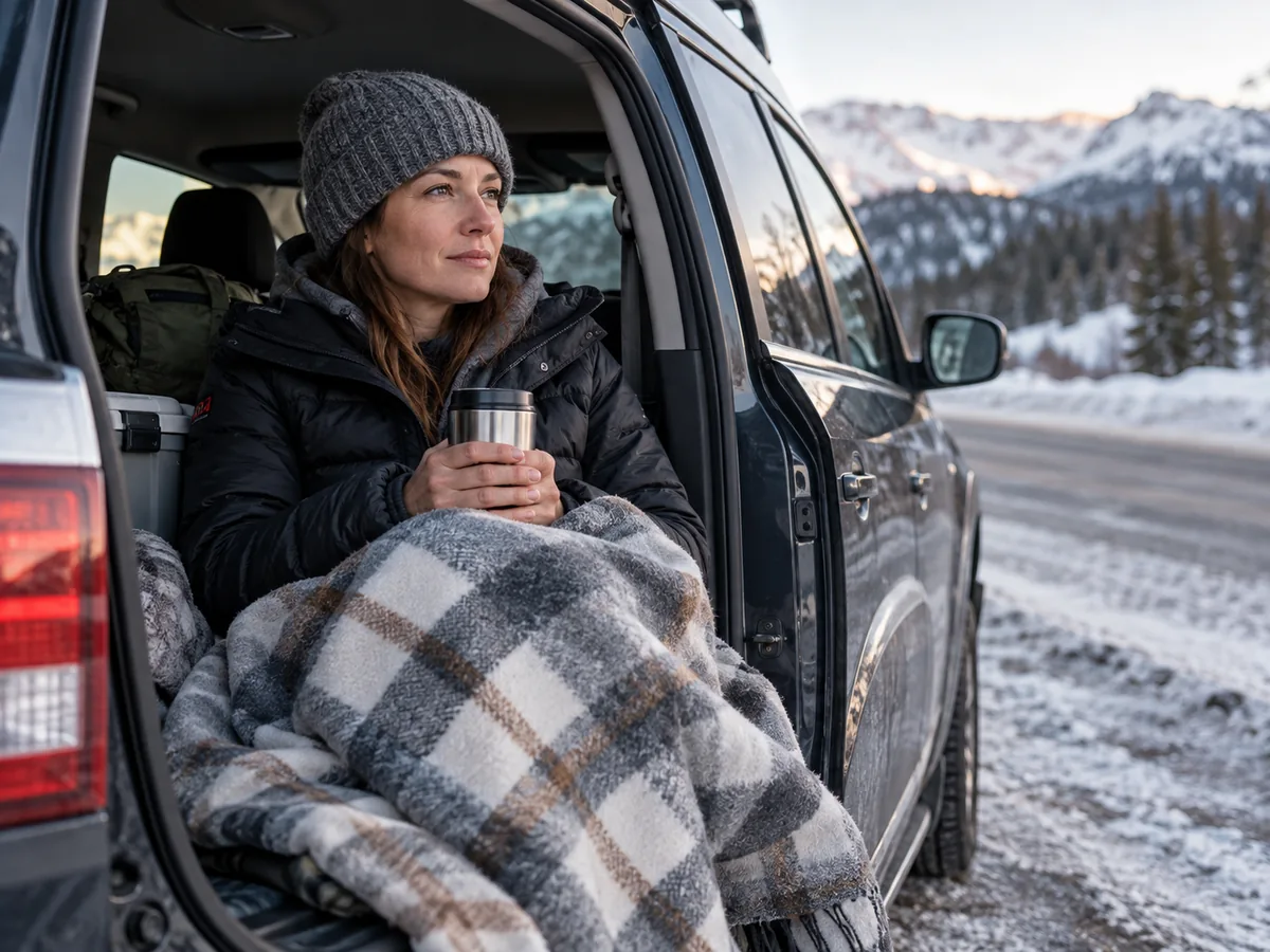 A bundled driver conserving warmth near a parked vehicle during cold weather