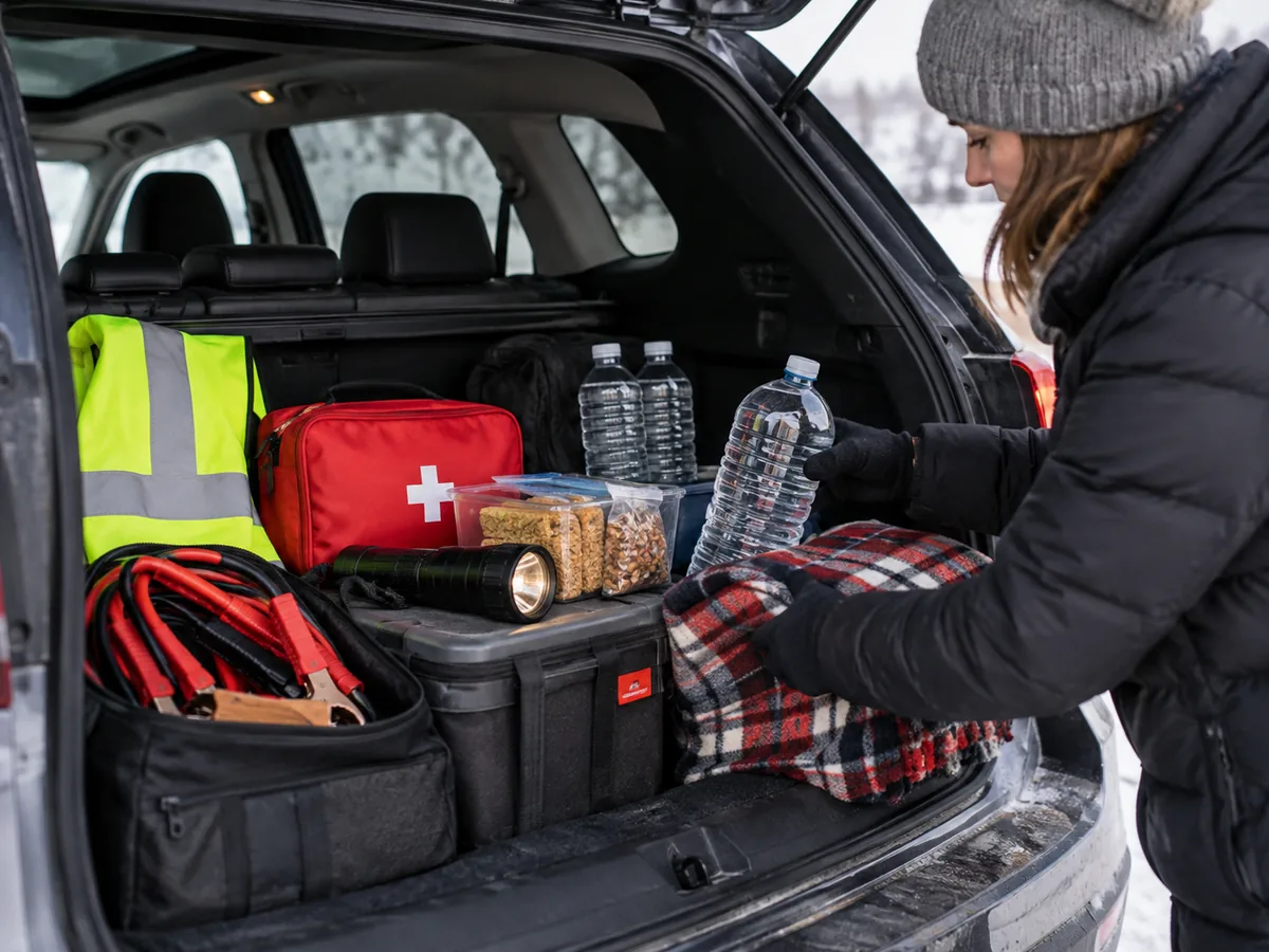 A driver inspecting practical roadside emergency supplies in the trunk