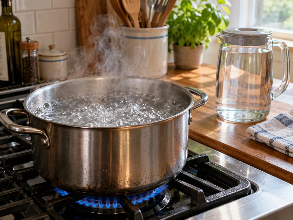 A pot of water at a rolling boil on a household stove
