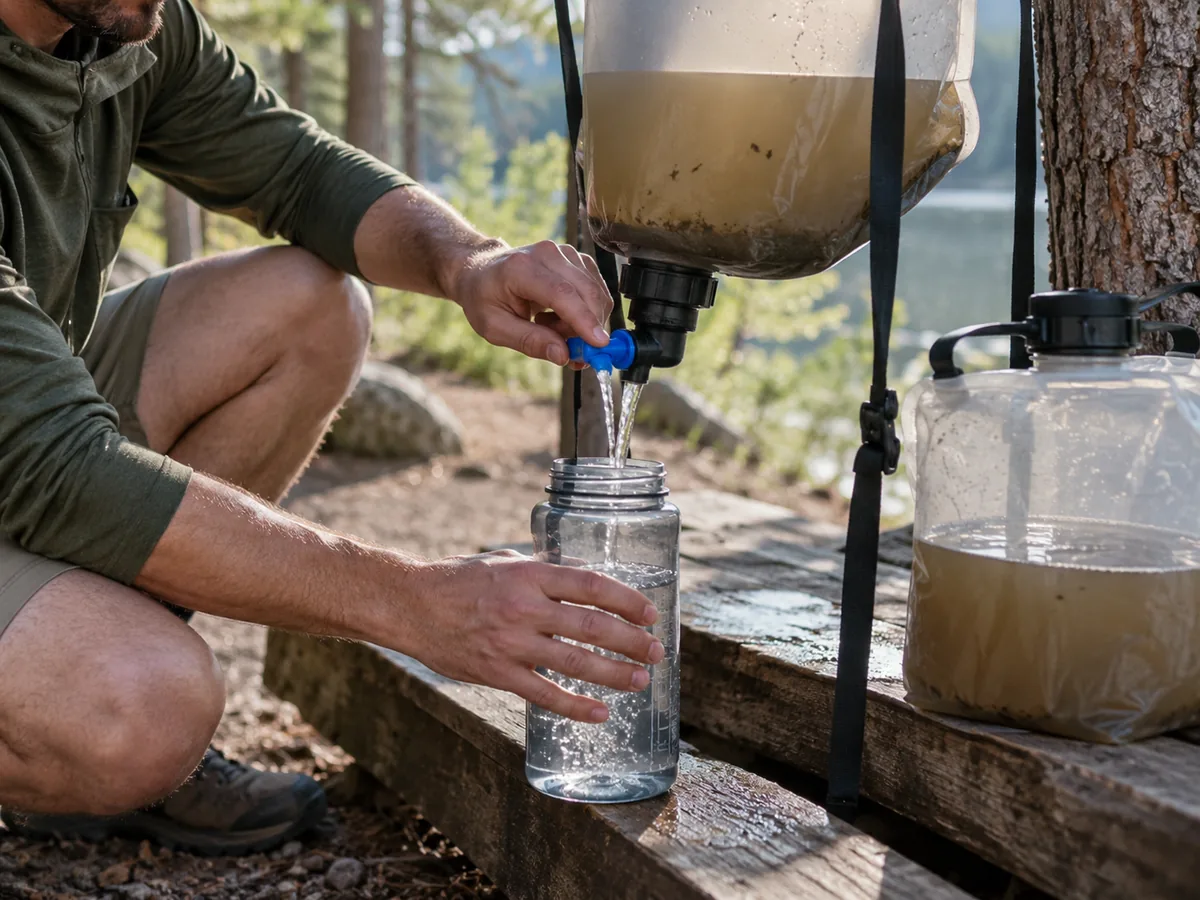An outdoor gravity filtration setup with visibly turbid source water