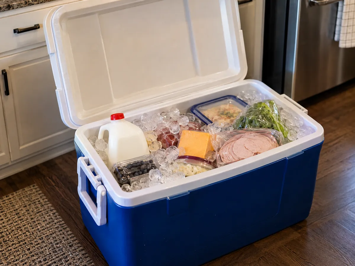 Perishable groceries packed into an ice-filled insulated cooler