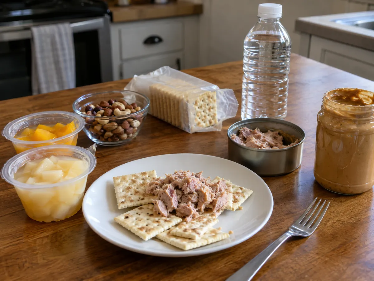 A shelf-stable meal of tuna crackers fruit and nuts