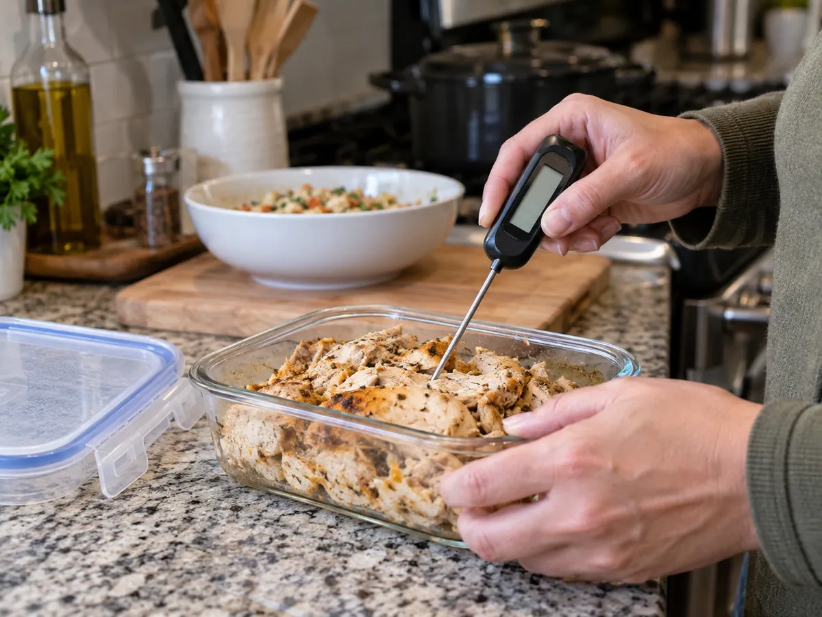A kitchen thermometer being used to check food temperature
