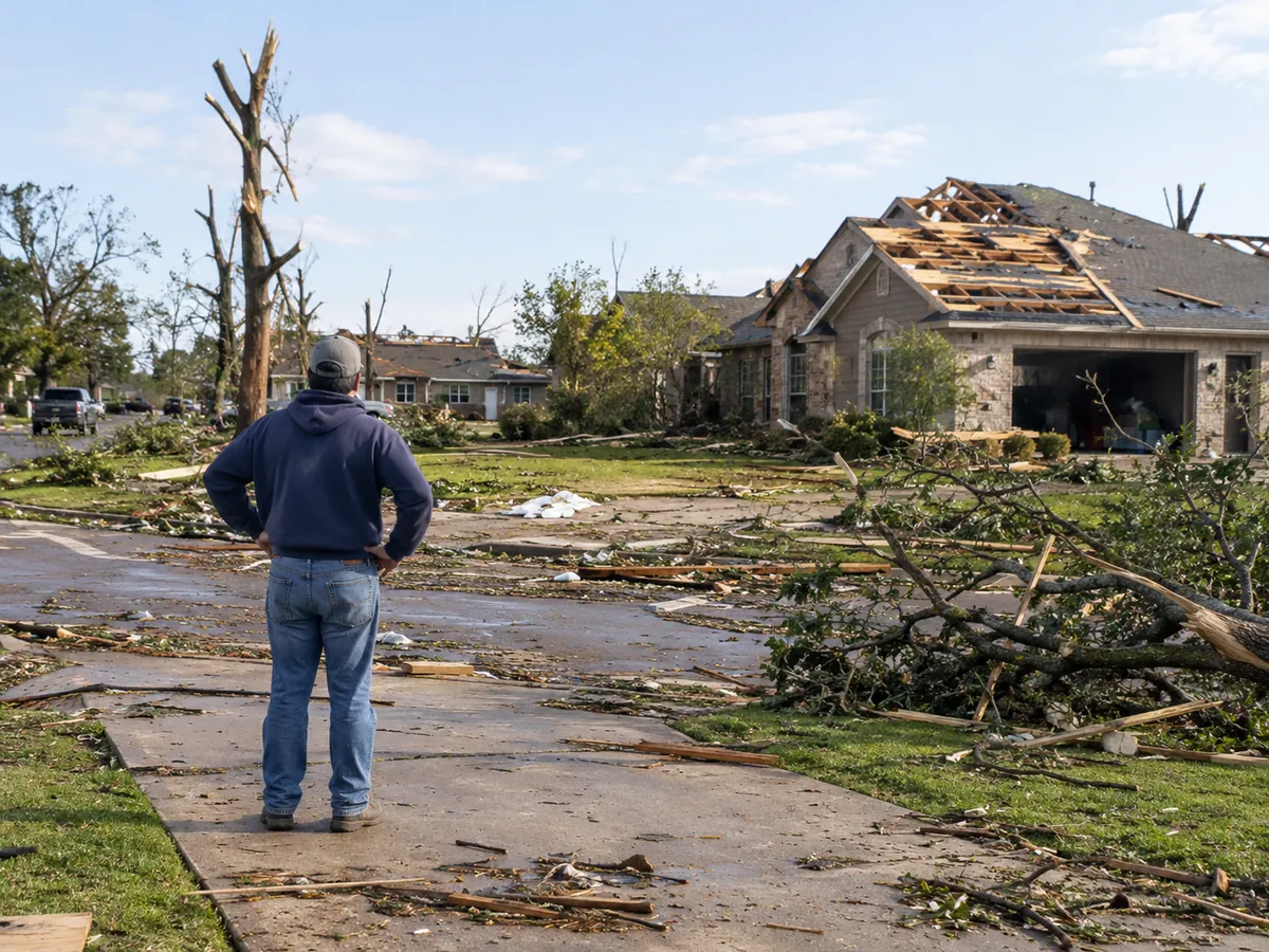 A resident assessing storm damage from a safe distance