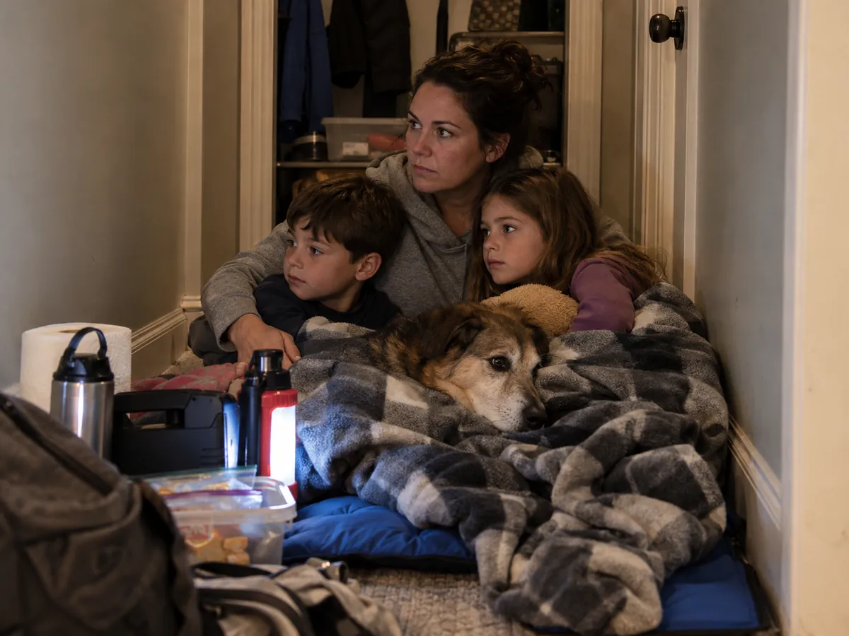 A parent and children sheltering low inside an interior room with their dog