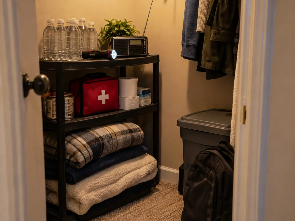 An interior storage room prepared with emergency supplies