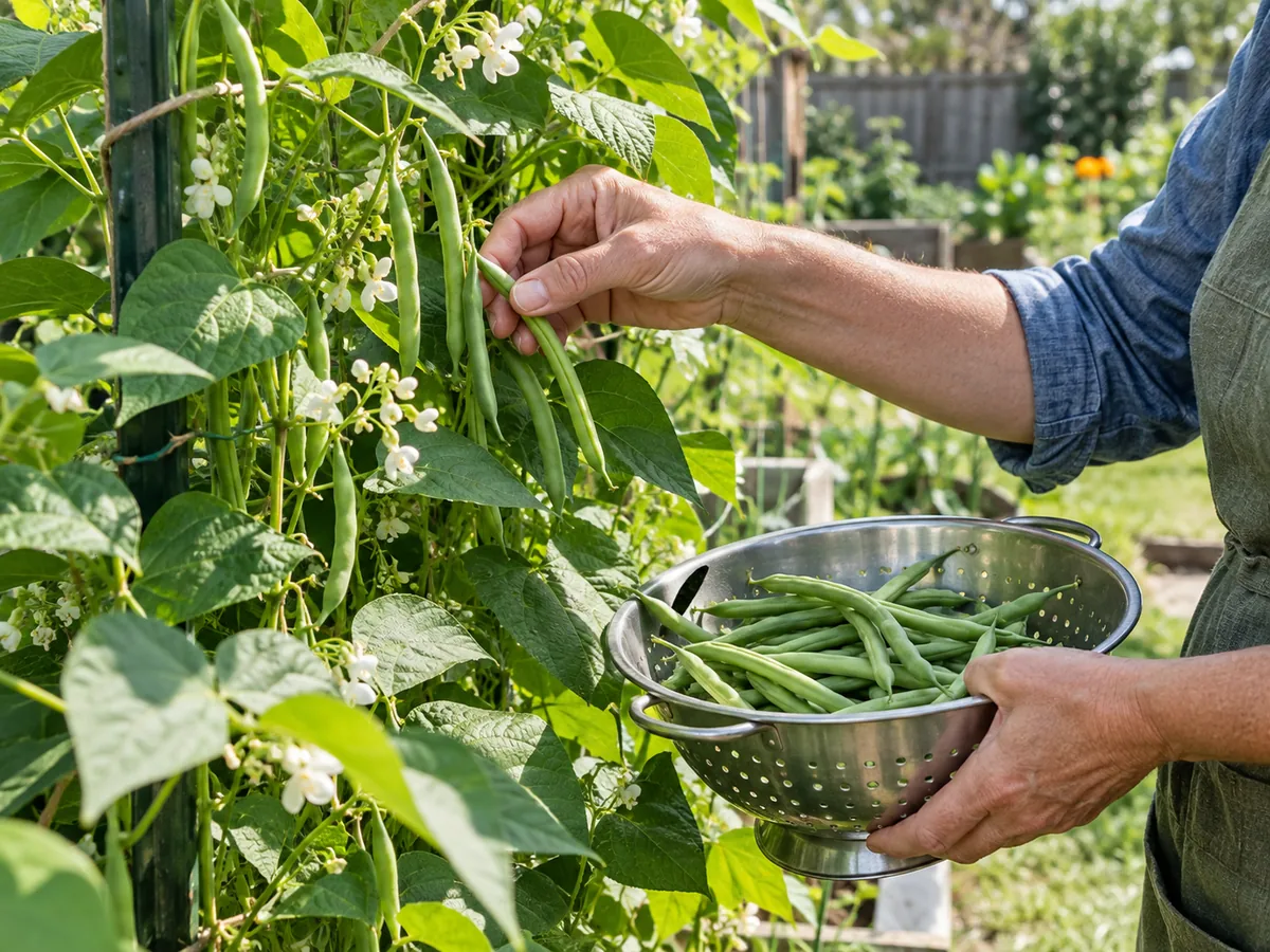 Hand harvesting green beans from productive garden plants
