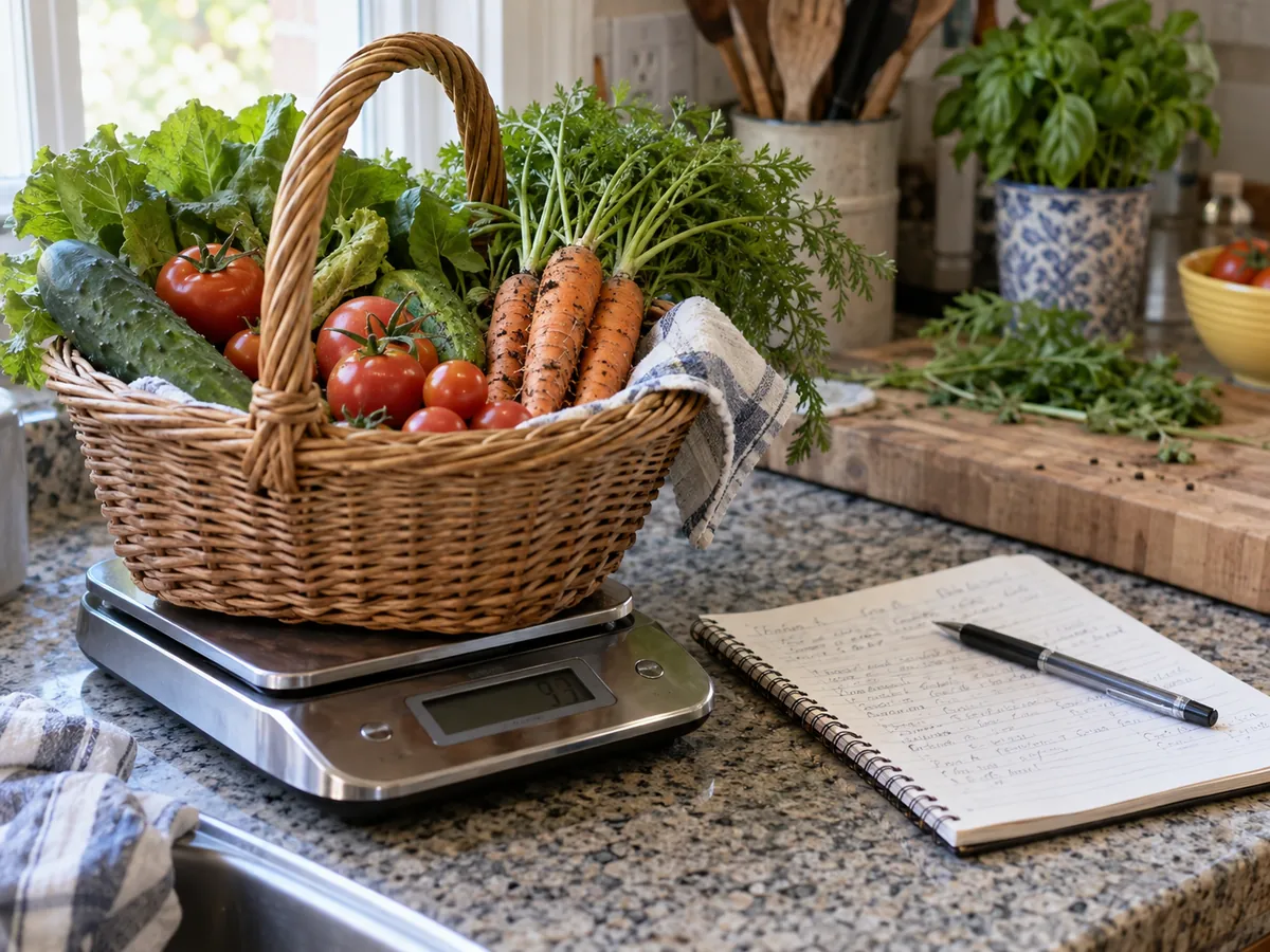 Weighing and recording a modest home vegetable harvest