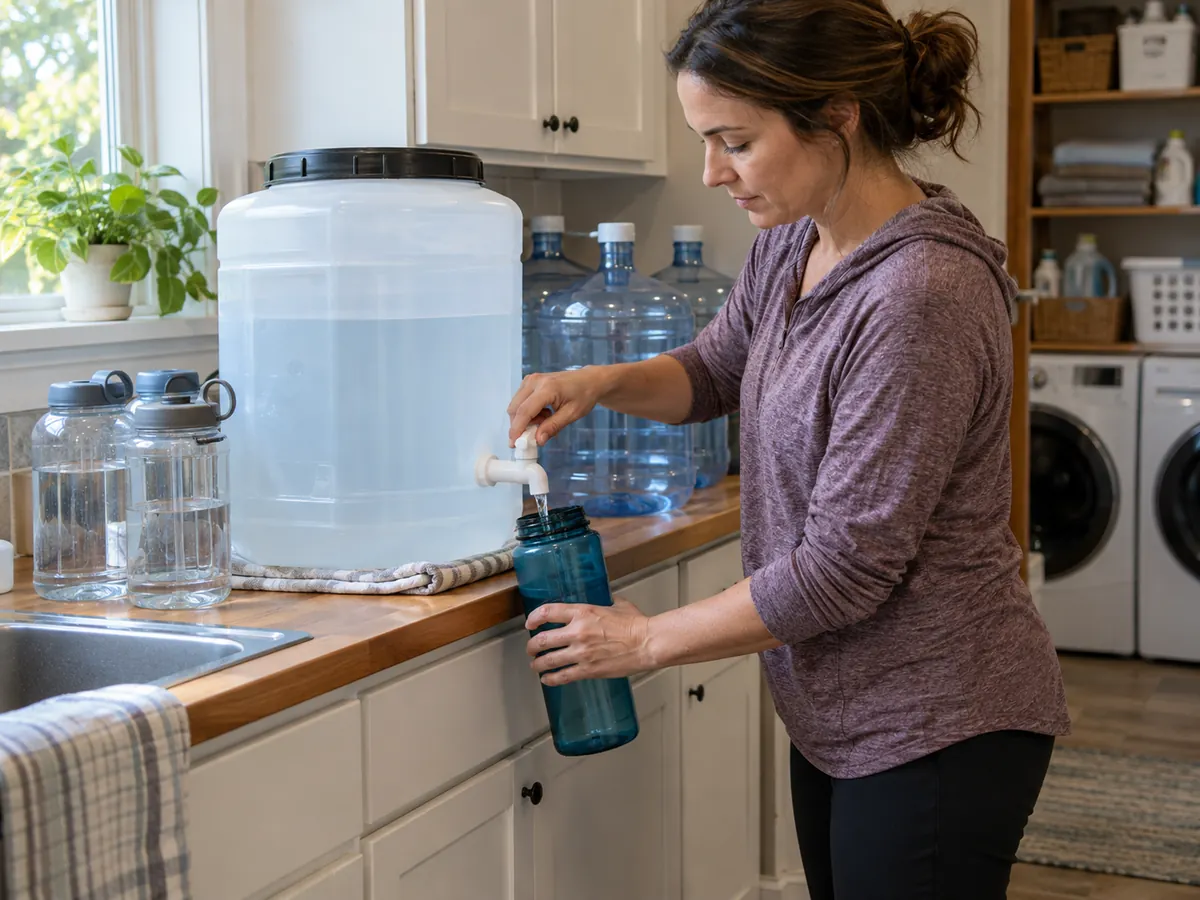 Using a large water container to fill a smaller drinking bottle.