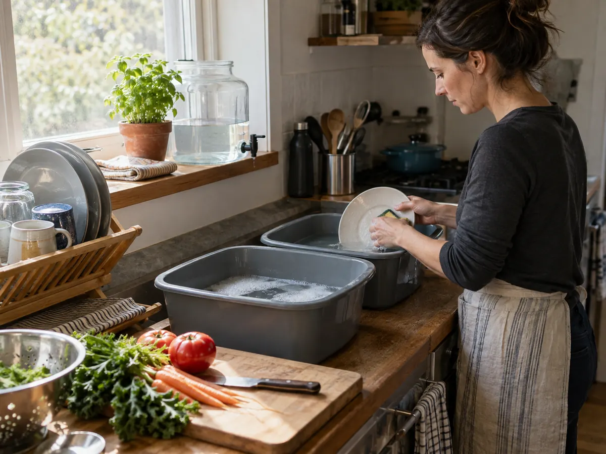Cleaning dishes with a measured supply of water during a plumbing outage.