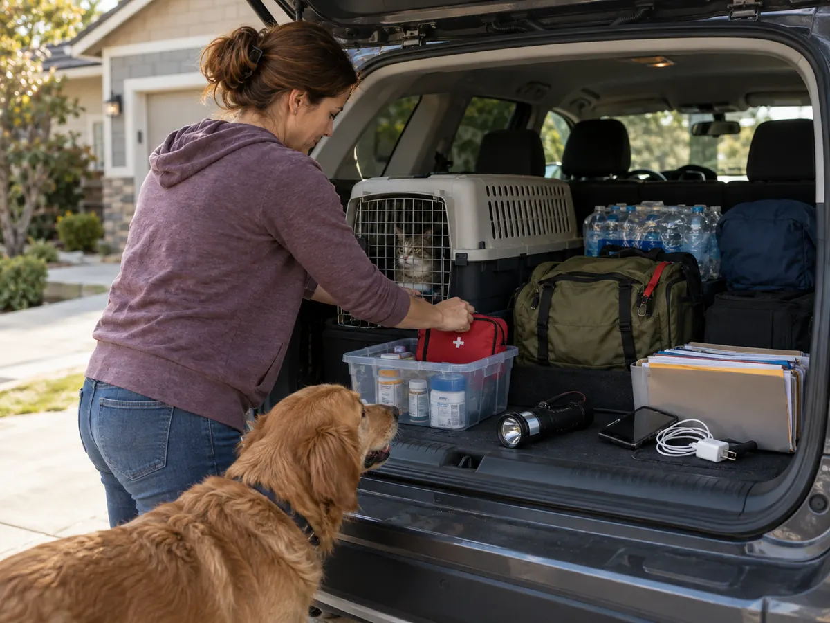 Packing an evacuation vehicle with supplies and pet carriers.