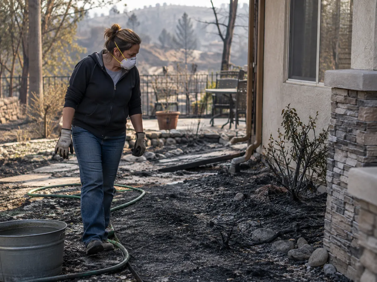 Safely inspecting the exterior of a home after wildfire damage.
