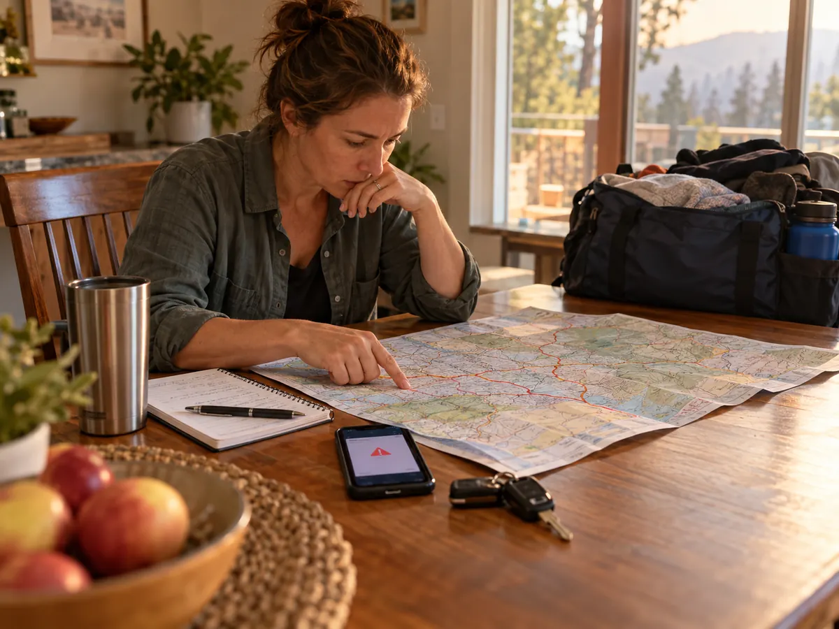 A household reviewing alternate evacuation routes on a paper map.