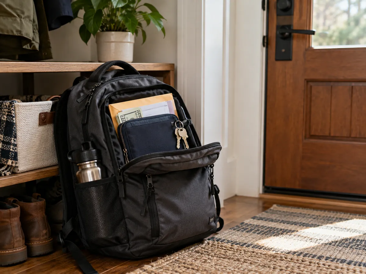 Ready-to-go bag near the front door with essential documents