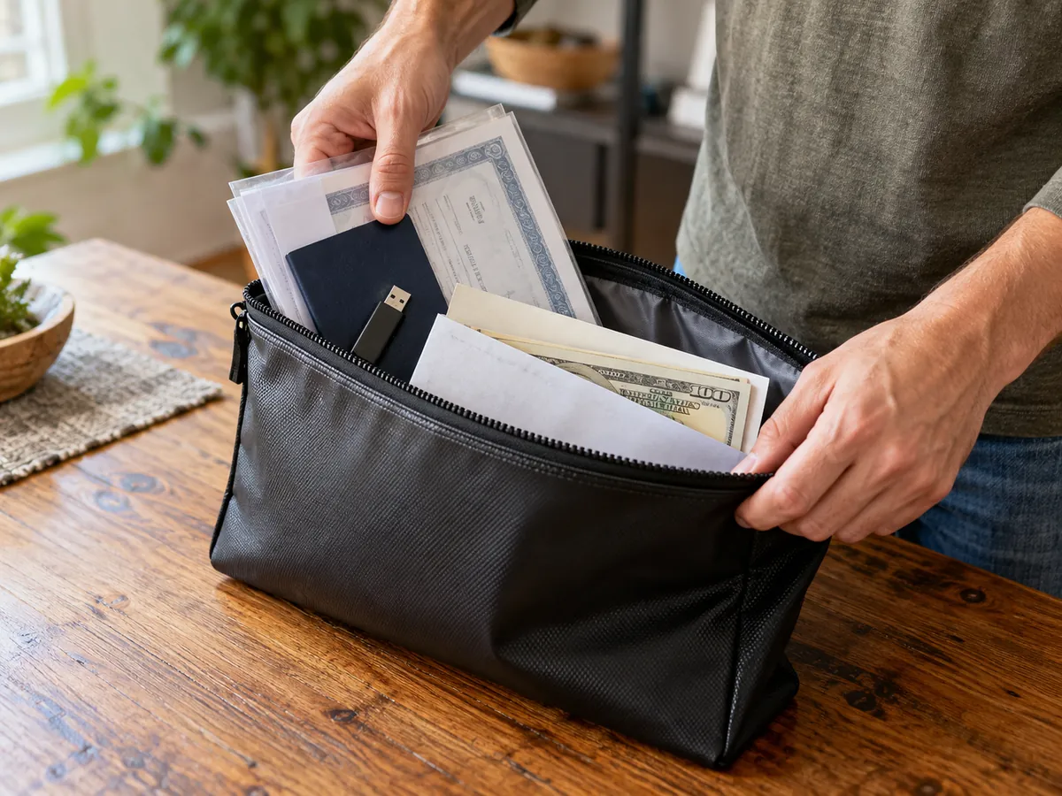 Cash and vital paperwork placed into a secure portable document pouch