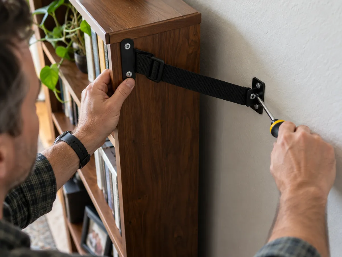 Wall-mounted anti-tip strap securing a tall bookshelf