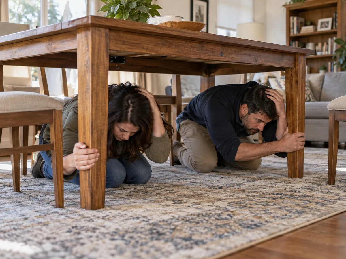 Adults practicing Drop Cover and Hold On beneath a sturdy table