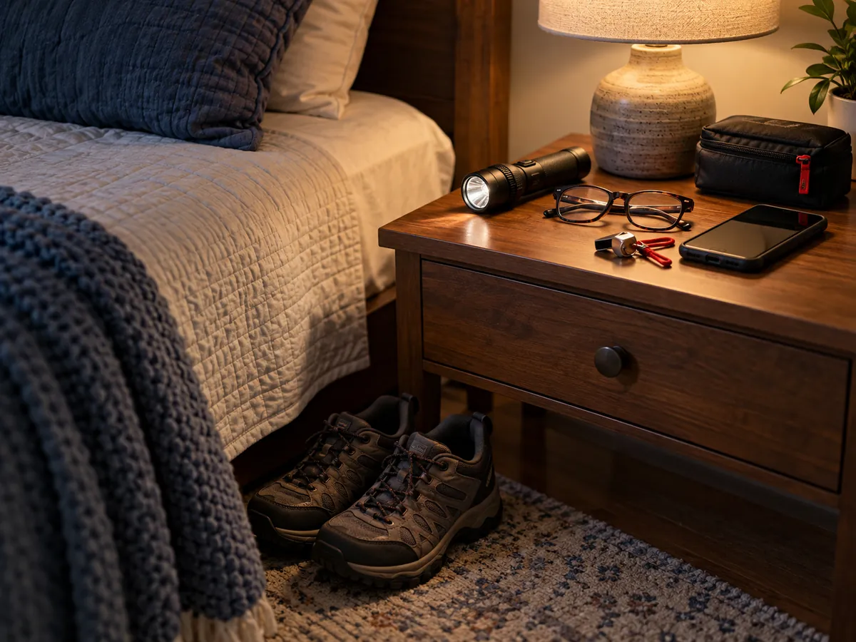 Shoes flashlight and glasses ready beside the bed