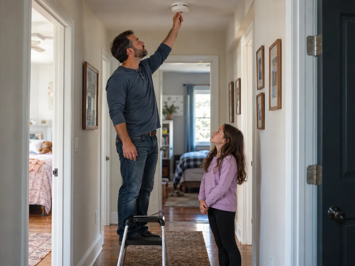 Adult checking a hallway smoke alarm