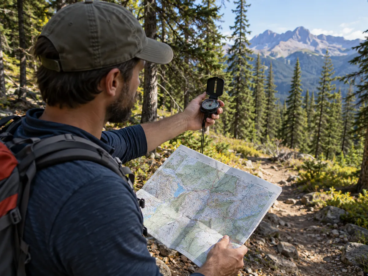 Hiker using a compass while comparing the trail with a paper map