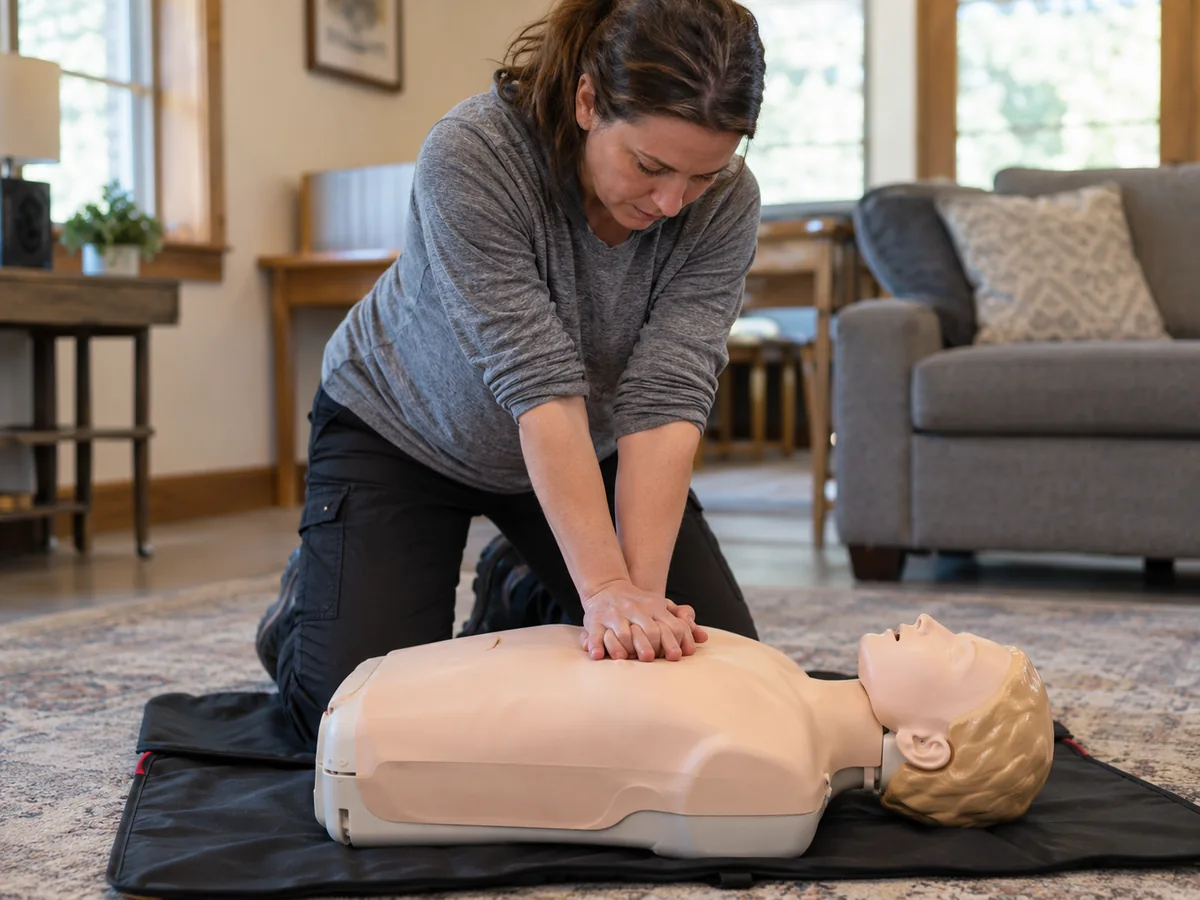 Adult practicing CPR compressions on a training mannequin
