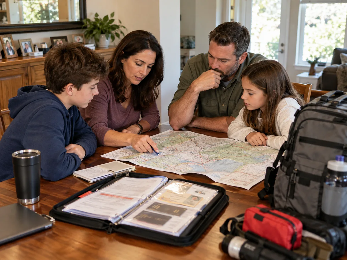 Family discussing emergency travel plans and contact arrangements