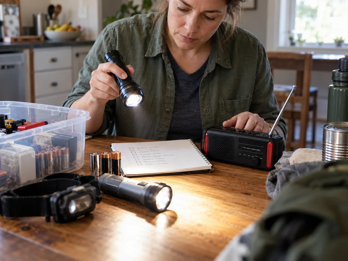 Checking an emergency radio, batteries and flashlight