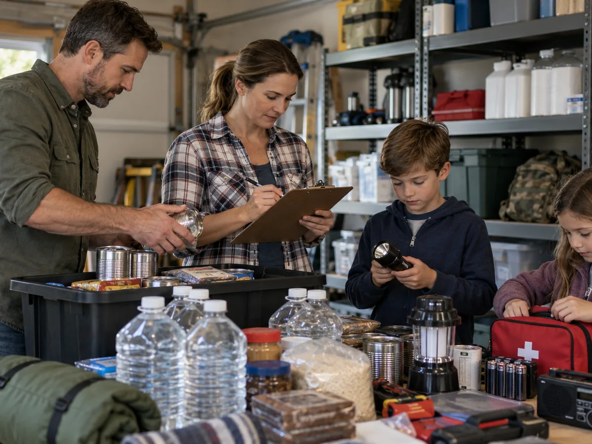 Family checking household emergency supplies together