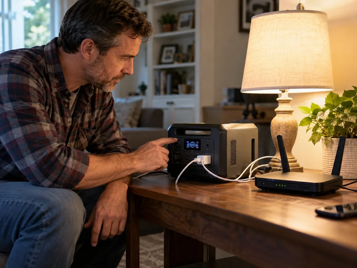A portable battery power station providing lighting and internet access indoors during a power outage