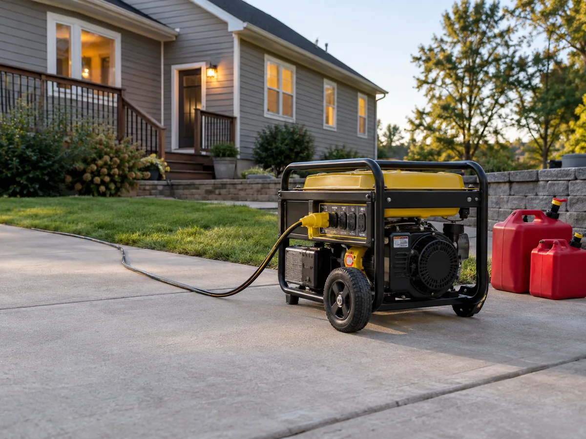Portable generator outdoors with the house in the background; keep generators at least 20 feet from doors, windows, and vents