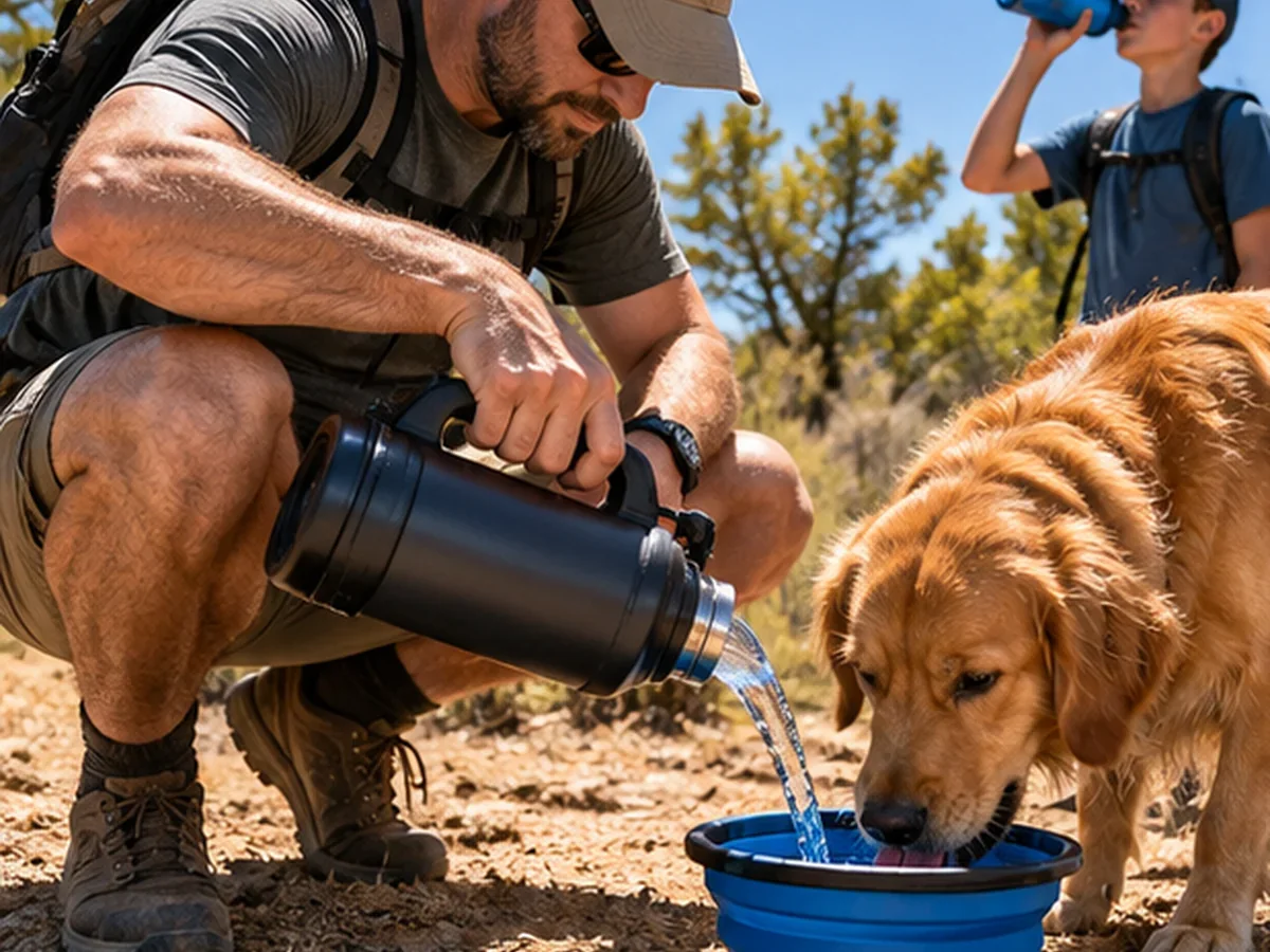 A child drinking water during a hot outdoor day as a dog hydrates from a separate bowl