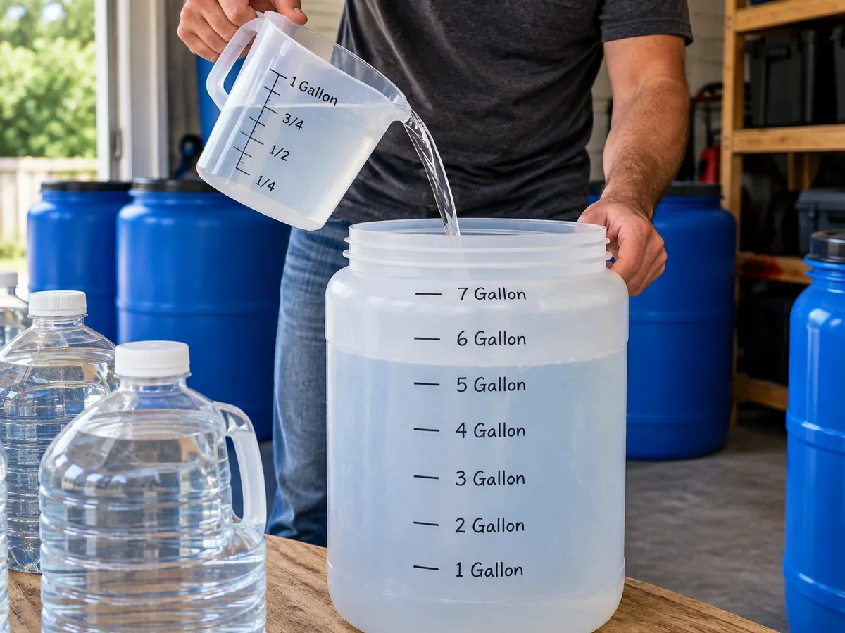 Pouring measured water into a marked emergency container to verify its actual capacity