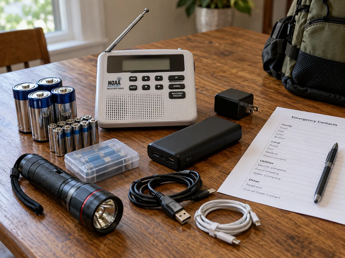 A simple communication kit with a weather radio, batteries, flashlight, cables, and a written contact sheet.