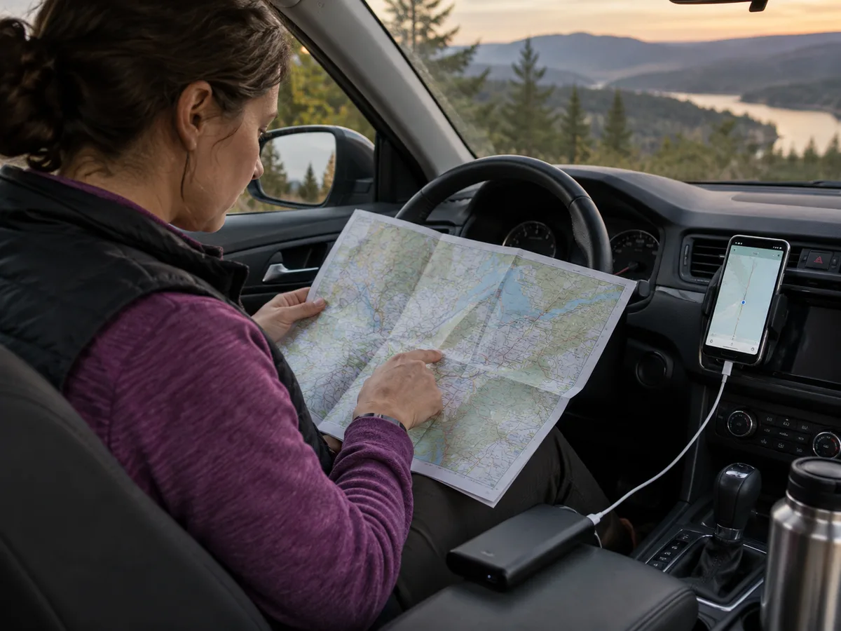 A driver using both a paper map and a charged phone while traveling in an unfamiliar area.