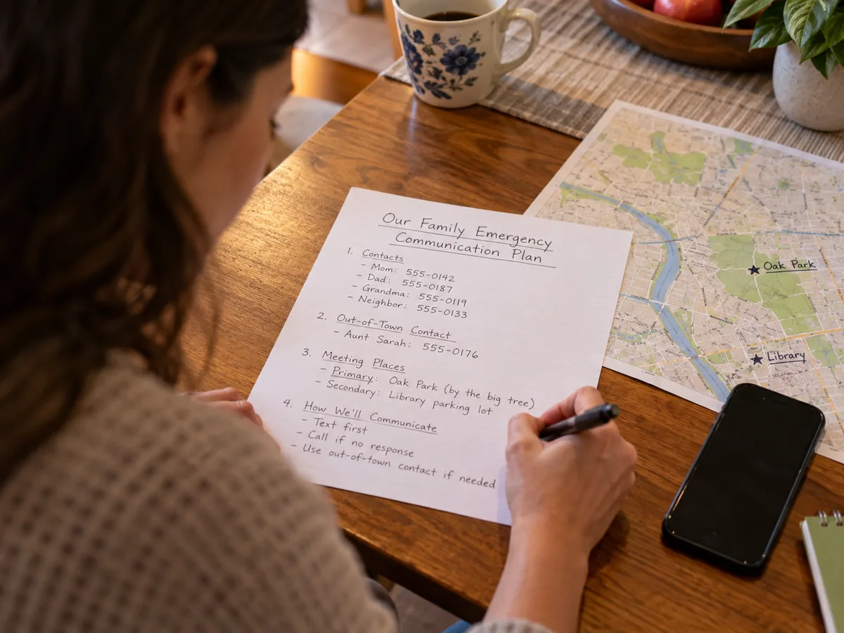 A handwritten family communication plan next to a marked local map.
