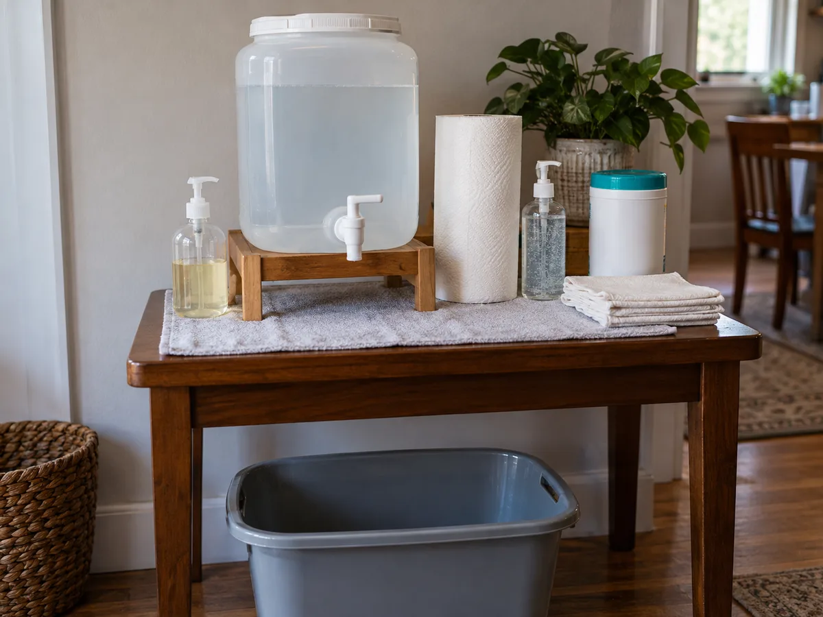 A simple home handwashing station made from stored water and common supplies.