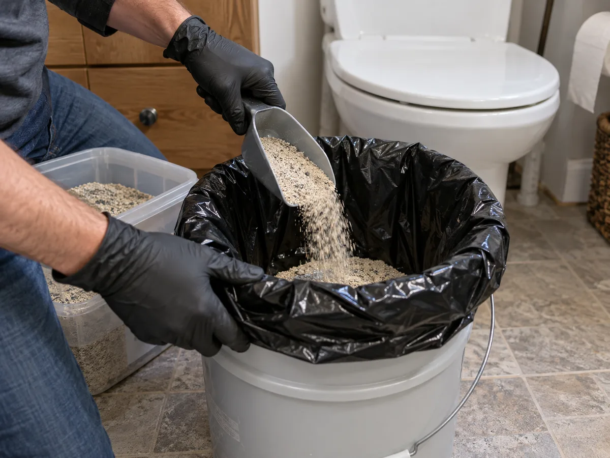 A lined bucket toilet being prepared with absorbent cover material.