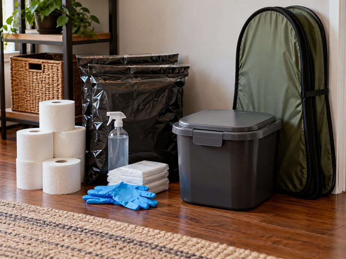 Emergency sanitation supplies organized for a plumbing outage.