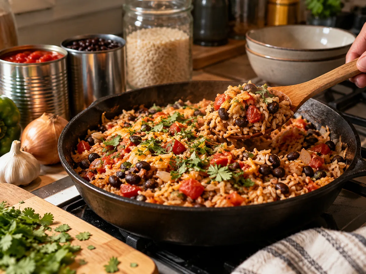 A skillet of rice, black beans, tomatoes and herbs prepared from ordinary pantry staples