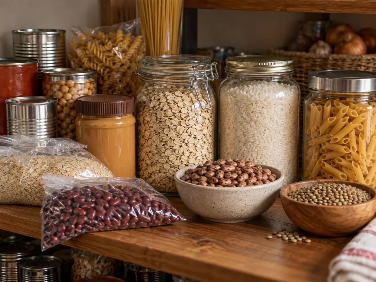 Individual jars and bags of rice, oats, beans, pasta and canned goods arranged for comparing pantry staples