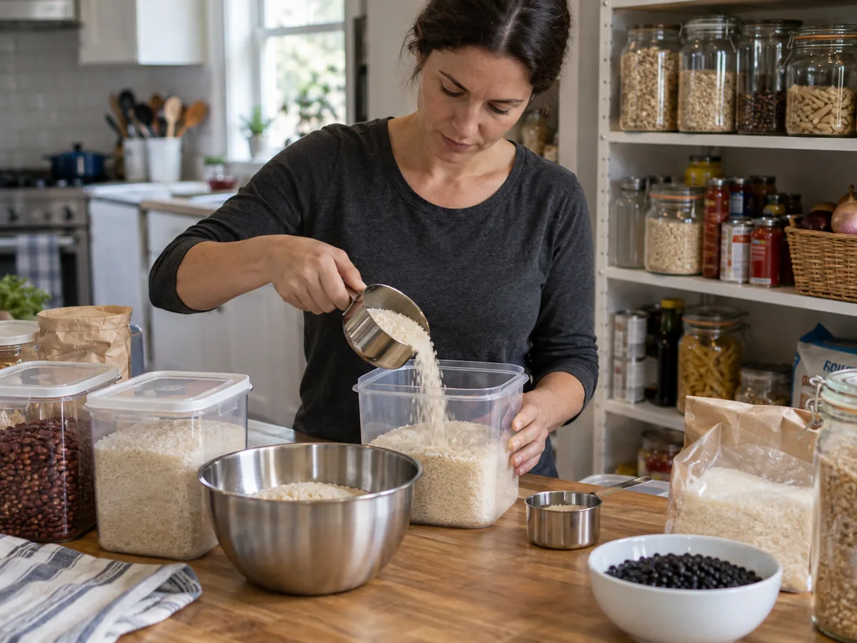 A person transferring rice into a clean food-storage container on a kitchen counter